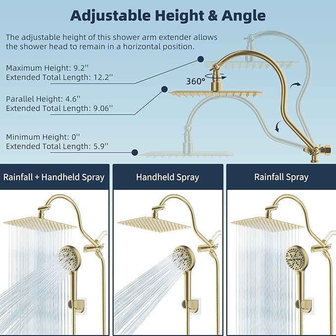 Hibbent All Metal Shower Head, 10'' High Pressure Rainfall Shower Head/Handheld Showerhead Combo with 12'' Adjustable Curved Shower Extension Arm, 10-Spray, 71'' Hose, Showerhead Holder, Brushed Gold
