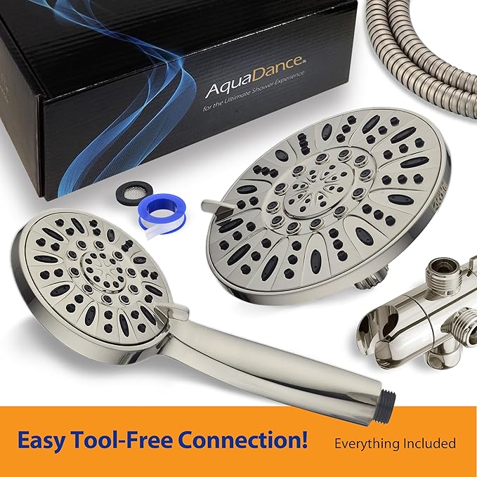 AquaDance 7" Premium High Pressure 3-Way Rainfall Combo with Stainless Steel Hose – Enjoy Luxurious 6-setting Rain Shower Head and Hand Held Shower Separately or Together – Brushed Nickel Finish
