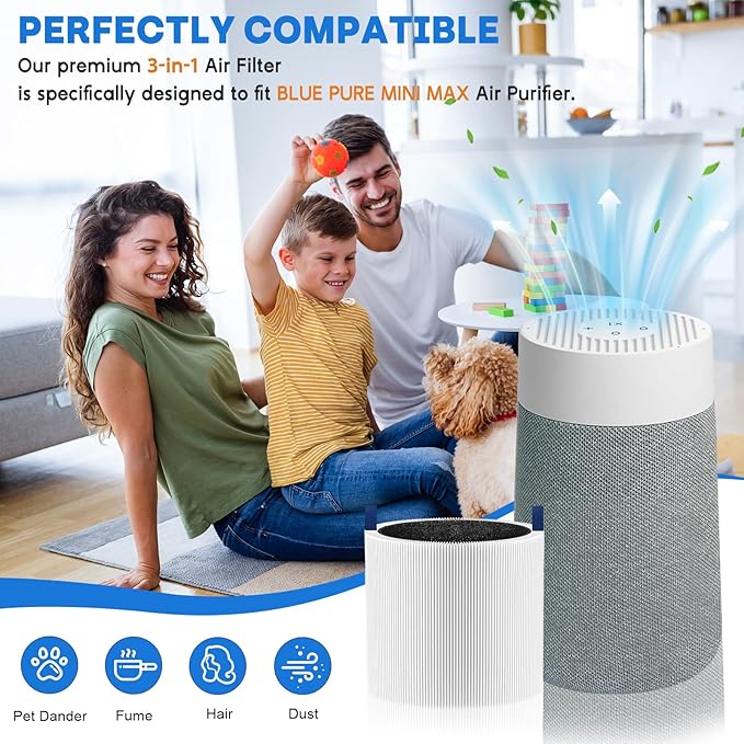 Mini Max Air Filter Replacement Compatible with Blue Pure Mini Max, 3-in-1 H13 Replacement Filter, Pre-Filter Activated Carbon for Blue Mini Max Air Purifier, 2 PC, White
