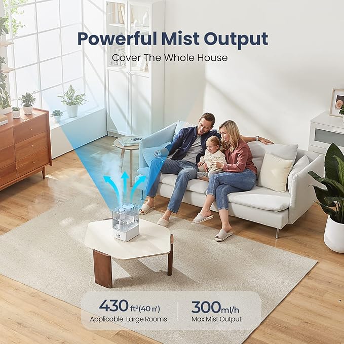 Humidifiers for Large Room Bedroom (6.5L), Cool Mist Ultrasonic Vaporizer for Home Whole House Babies, Customized Humidity, Night Light, Whisper-Quiet (White)