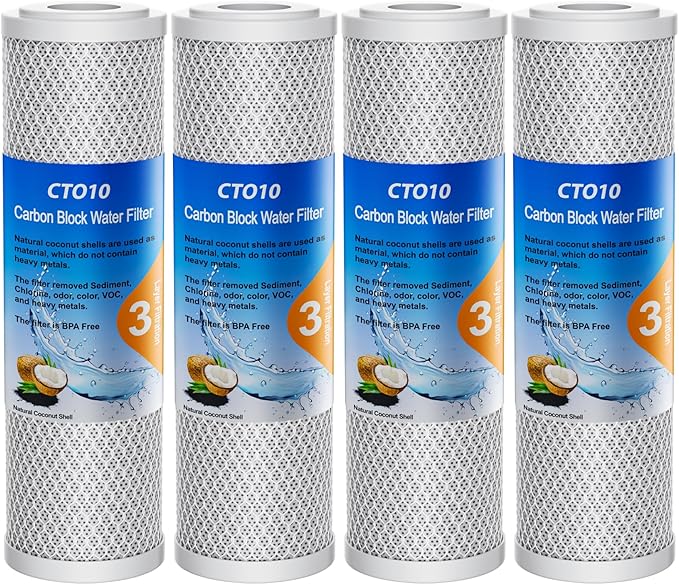 1 Micron 2.5" x 10" Whole House CTO Carbon Sediment Water Filter Cartridge Compatible with DuPont WFPFC8002, WFPFC9001, SCWH-5, WHCF-WHWC, FXWTC, CBC-10, RO Unit, Pack of 4