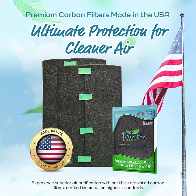 Breathe Naturally Universal Cut To Fit Carbon Activated Air Filter - Replacement Charcoal Filters - Pre Filter Carbon Sheet for Air Purifier, Vent Filters & More - Packed in USA (Pack of 4, 16x48)