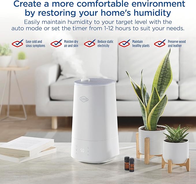Clorox Air Humidifier for BedRoom with UV LED Light to Reduce Germs and Bacteria, Whisper Quiet, 4L Water Tank for up to 40 Hours of Continuous Steam, Ultra Clean Cool Mist, White (11080)
