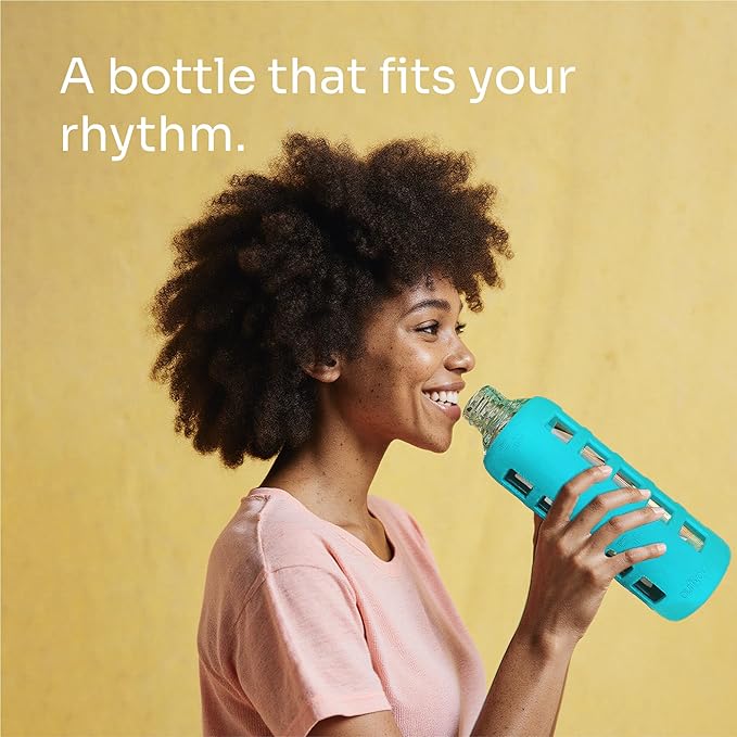 purifyou 40oz / 32oz / 22oz / 12oz Borosilicate Glass Water Bottle with Time & Volume Markers, Silicone Sleeve, Stainless Steel Lid | Reusable Glass Bottle for Water & Juice (32oz Aqua Blue)