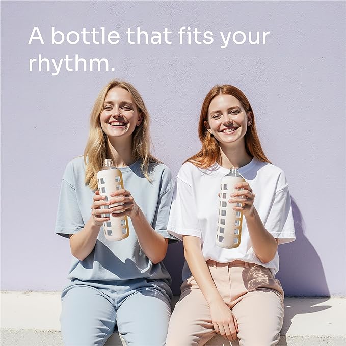 purifyou 40oz / 32oz / 22oz / 12oz Borosilicate Glass Water Bottle with Time & Volume Markers, Silicone Sleeve, Stainless Steel Lid | Reusable Glass Bottle for Water & Juice (32oz Pearled Ivory)