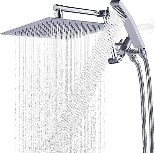 G-Promise All Metal 10 Inches Rainfall Shower Head with Handheld Spray Combo, 3 Settings Diverter, Adjustable Extension Arm with Lock Joints, 71 Inches Stainless Steel Hose (Chrome)