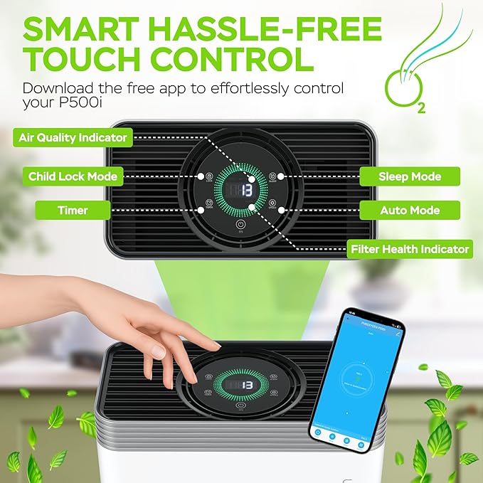 PURO²XYGEN Smart Air Purifiers For Home - Large Room Up to 2700 Sq Ft, H13 HEPA Filter, 4-Stage Filtration, WiFi App, Quiet Operation - For Smoke, Pollen, Pet Hair, Dust, Bad Smells - Office, Bedroom