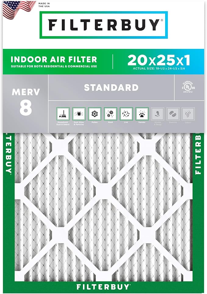 Filterbuy 20x25x1 Air Filter MERV 8 (MPR 700) Dust Defense Replacement (1-Pack), Electrostatic Pleated HVAC AC Furnace Filters, Made in USA (Actual Size: 19.50 x 24.50 x 0.75)