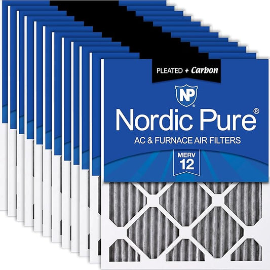 Nordic Pure 12x12x1 (11 3/4 x 11 3/4 x 3/4) Furnace Air Filters MERV 12 Pleated Plus Carbon 12 Pack