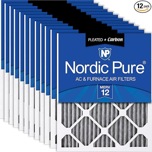 Nordic Pure 16x20x1 (15 1/2 x 19 1/2 x 3/4) Furnace Air Filters MERV 12 Pleated Plus Carbon 12 Pack