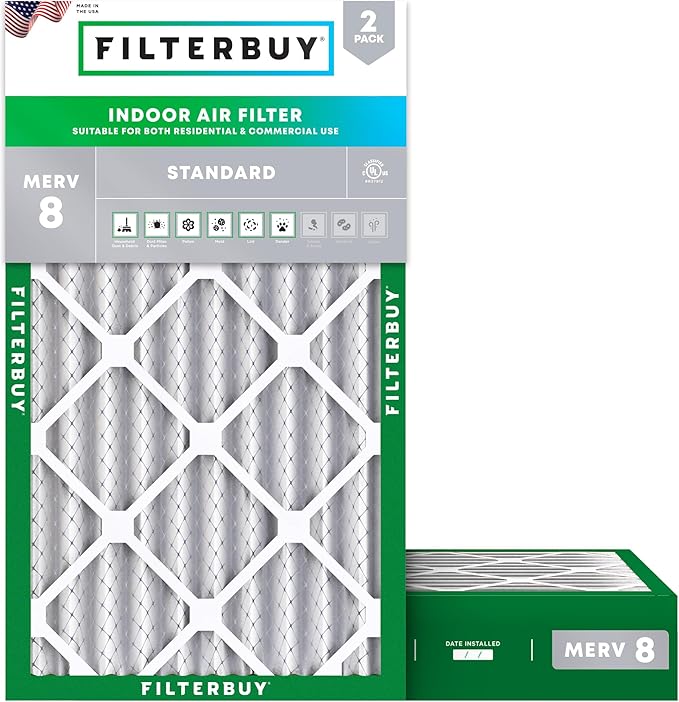 Filterbuy 15x25x4 Air Filter MERV 8 (MPR 700) Dust Defense Replacement (2-Pack), Electrostatic Pleated HVAC AC Furnace Filters, Made in USA (Actual Size: 14.50 x 24.50 x 3.63)