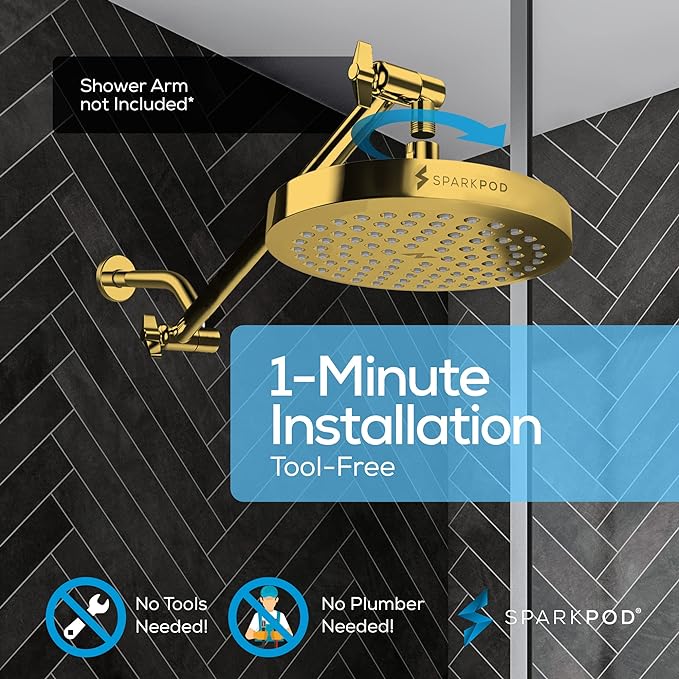 SparkPod Shower Head - High Pressure Rain - Premium Quality Luxury Design - 1-Min Install - Easy Clean Adjustable Replacement for Your Bathroom Shower Heads (Egyptian Gold, 8 Inch Round)