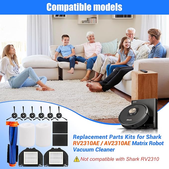 Replacement Parts for Shark RV2310AE AV2310AE Matrix Robot Vacuum Cleaner 1 Roller Brush 2 HEPA Filters 4 Foams 6 Side Brushes (NOT for RV2310) -Pack of 13