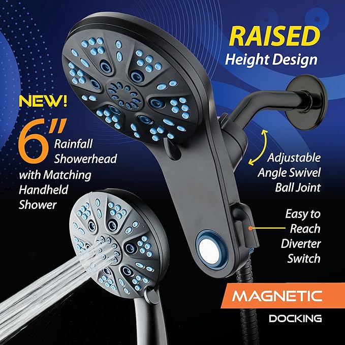 AquaCare Magneton High-Pressure 48-mode Luxury 3-way Combo System with Magnetic Guidance Docking, Giant Rain & Handheld Shower Head, Hygienic Jets and 6 ft. Stainless Steel Hose, Matte Black Finish