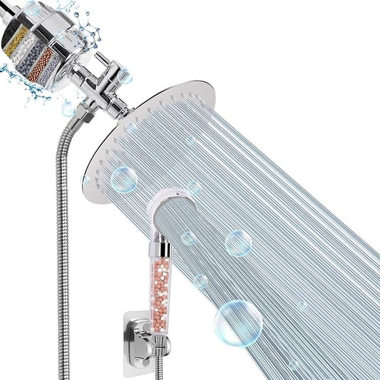 HarJue Filter Shower Head, High Pressure 8 Inch Rainfull with Filter Combo for Hard Water, Remove Chlorine Fluoride and Harmful Substances- 1 Replaceable Filter Cartridge (Round, Chrome)