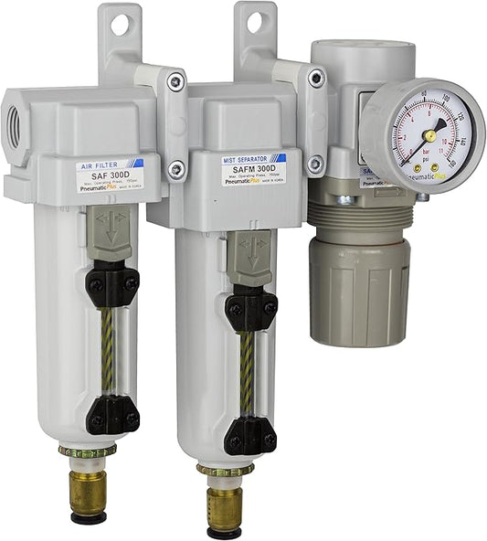 PneumaticPlus SAU330-N03DG-MEP Three Stage Compressed Air Drying System - Particulate Air Filter, Coalescing Filter, Air Pressure Regulator Combo 3/8" NPT - Metal Bowl, Auto Drain, Gauge