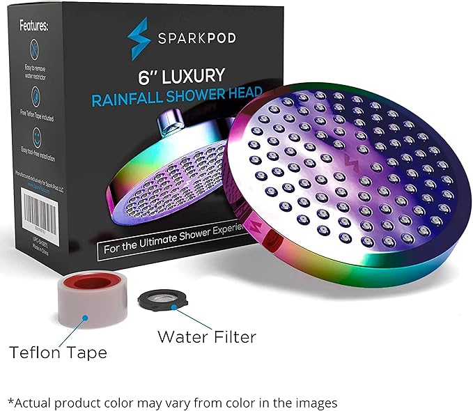 SparkPod Shower Head - High Pressure Rain - Premium Quality Luxury Design - 1-Min Install - Easy Clean Adjustable Replacement for Your Bathroom Shower Heads (Radiant Rainbow, 6 Inch Round)