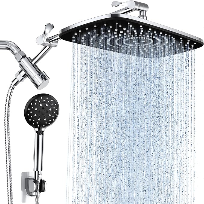Veken 11.8'' Rain Shower Head with Handheld Spray Combo, Extension Arm for Rainfall Showerhead, Muti-modes Massage High Pressure Hand Held Shower Heads with Hose, Anti-Clog Nozzles & Bathroom(Chrome)