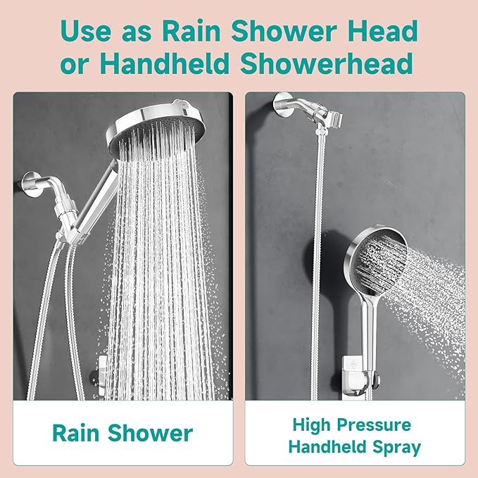 6“ Filtered Shower Head with Handheld, 6-Spray High Pressure Shower Head with Filter for Hard Water, Detachable Handheld Showerhead with Hose and Shower Arm Bracket, Chrome-Black