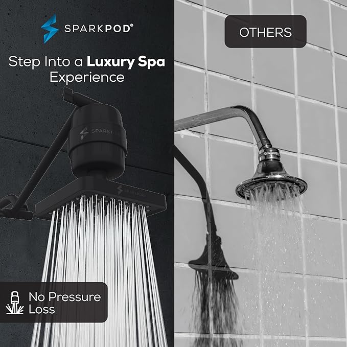 SparkPod 6" High Pressure Rain Shower Head with 23 Stage Filter Capsule & 11 Inch Adjustable Shower Arm Extension - Shower Filter Reduces Chlorine for Smoother Hair & Skin (Square, Black Matte)