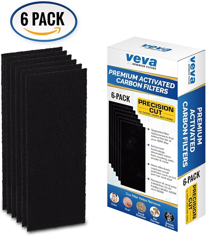 VEVA Pre-Filter Replacement Compatible with Hamilton Beach 04383, 04384, 04386 Air Purifier - 6 Pack - Smoke and Odor Eliminator Carbon Filters