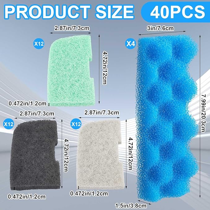 40 Pcs Replacement Filter Media Kit Compatible with Fluval 306/307, Aquarium Filters Set Including 4 Biological Foams, 36 Ammonia/Phosphate/Nitrite Remover