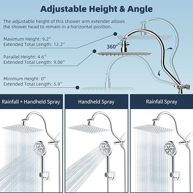 Hibbent All Metal Shower Head, 10'' High Pressure Rainfall Shower Head/Handheld Showerhead Combo with 12'' Adjustable Curve Shower Extension Arm, 10 Sprays, 71'' Shower Hose, Showerhead Holder, Chrome