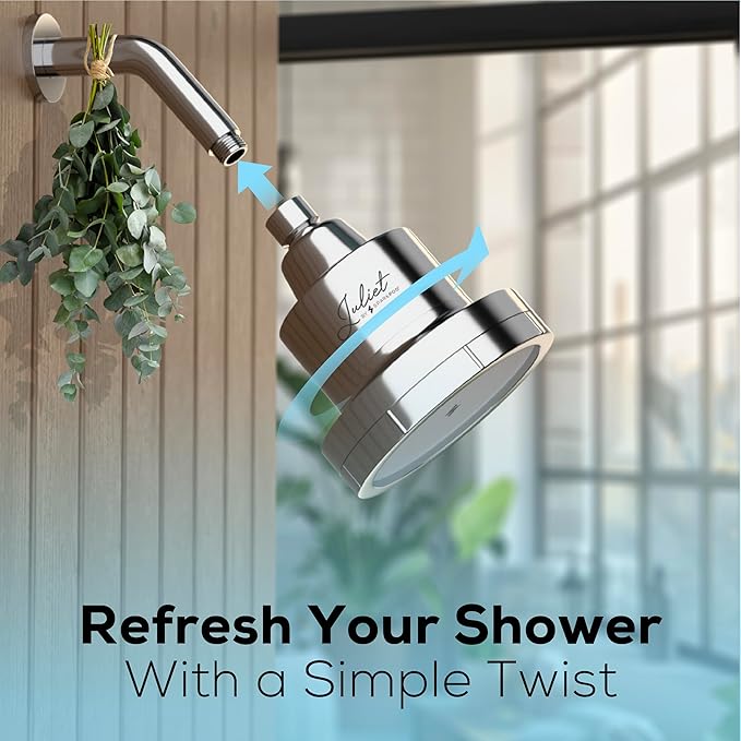 THE JULIET FILTERED SHOWER HEAD - Luxury High Pressure Shower Head with Filters - Removes Impurities for Healthier Hair and Skin - Reduces Hair Breakage, Skin Dryness & Irritation (Polished Chrome)