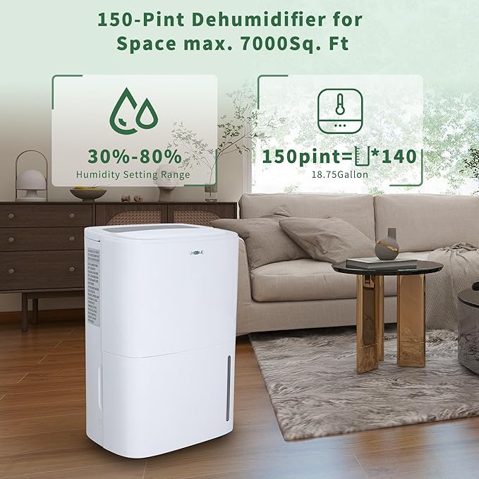 Uhome 150 Pints Dehumidifier with Pump - 7000 Sq. Ft Quiet Dehumidifier for Home, Large Basement, Storages and Large Rooms with 1.85Gallon Water Tank