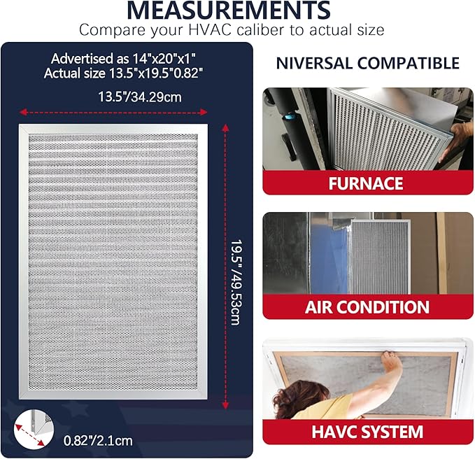 14x20x1 Electrostatic Air Filter, 8 Stage Washable Aluminum AC/HVAC Furnace Filter, Reusable Lifetime Permanent Air Filter, Easy to Clean,Increases Airflow(Actual Size:13.50x19.50x0.82)