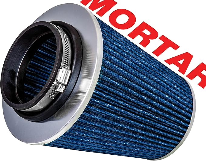 Mortar Aftermarket Auto Air Filter - Car Enthusiast Class Universal Cold Air Intake Gulps in More Air for More Engine Power & Passionate Induction Sound, 8-In-Long, Flange ID 3.5 In, Blue