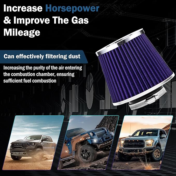 Universal Clamp-On Air Intake Filter, Fit Intake Tube with 3/3.5/4in Diameter, High Performance, Washable Filter, Replacement Air Filter, Flange Diameter 3inch/76mm (Purple)