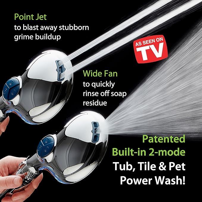 AquaCare High Pressure 6-way Dual Shower Head Combo with Built-in Filter & Power Wash - Clean Tub, Tile & Pets. Remove Chlorine, Lead & Toxins from Water to Protect Skin, Hair, & Nails. Chrome Finish