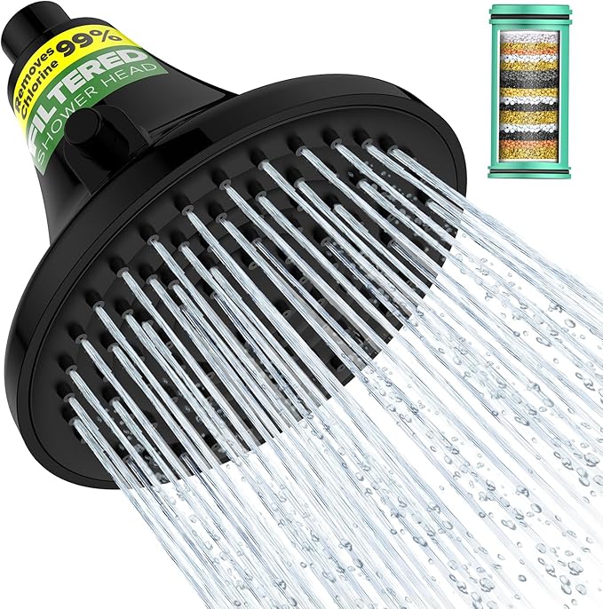Filtered Shower Head Matte Black - High Pressure Rain Shower Heads with Filter for Hard Water -Water Softener Filters Beads to Remove Chlorine, 1-Min Install, One-Button Filter Replacement