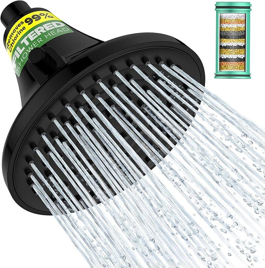Filtered Shower Head Matte Black - High Pressure Rain Shower Heads with Filter for Hard Water -Water Softener Filters Beads to Remove Chlorine, 1-Min Install, One-Button Filter Replacement
