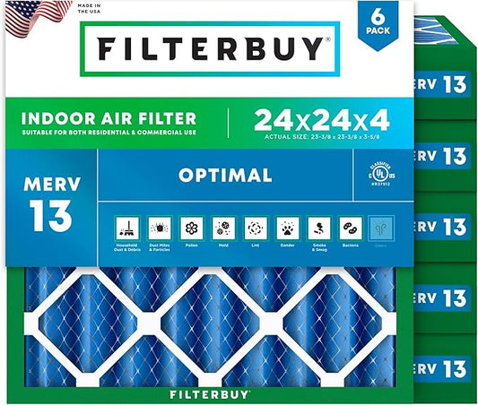 Filterbuy 24x24x4 Air Filter MERV 13 (MPR 1900) Health Defense Replacement (6-Pack), Electrostatic Pleated HVAC AC Furnace Filters, Made in USA (Actual Size: 23.38 x 23.38 x 3.63)
