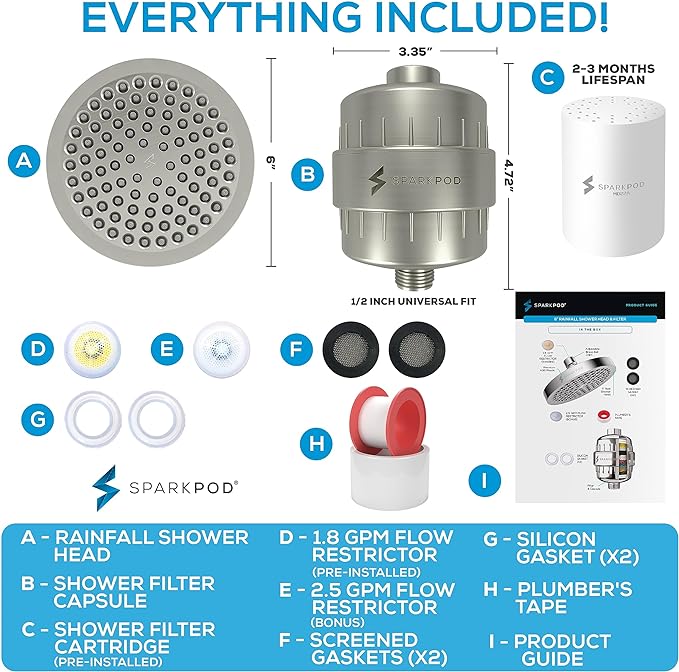 SparkPod Luxury Filtered Shower Head Set 23 Stage Shower Filter - Reduces Chlorine and Heavy Metals - High Pressure Showerhead Filter (6" Round, Brushed Nickel)