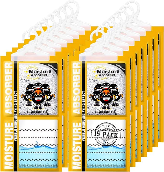 ZSZMFH 15 Pack Moisture Absorber & Max Odor Eliminator Hanging Bag, Charcoal Smell Remove Damp Musty Smell,Hanging Closet Dehumidifier Bags with 25g of Activated Charcoal (220g/pack) Yellow