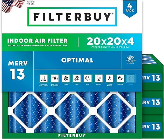 Filterbuy 20x20x4 Air Filter MERV 13 (MPR 1900) Health Defense Replacement (4-Pack), Electrostatic Pleated HVAC AC Furnace Filters, Made in USA (Actual Size: 19.50 x 19.50 x 3.63)