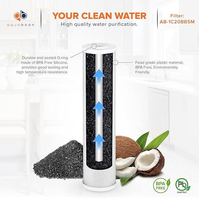Aquaboon 4.5 x 20 Carbon Block Filter Cartridge Large - 5 Micron Whole House Water Filter Replacement Remove Chlorine Taste Odors Compatible with FC25B, EPM-20BB, CB-BB-20, 155783-43 (1 Pack)