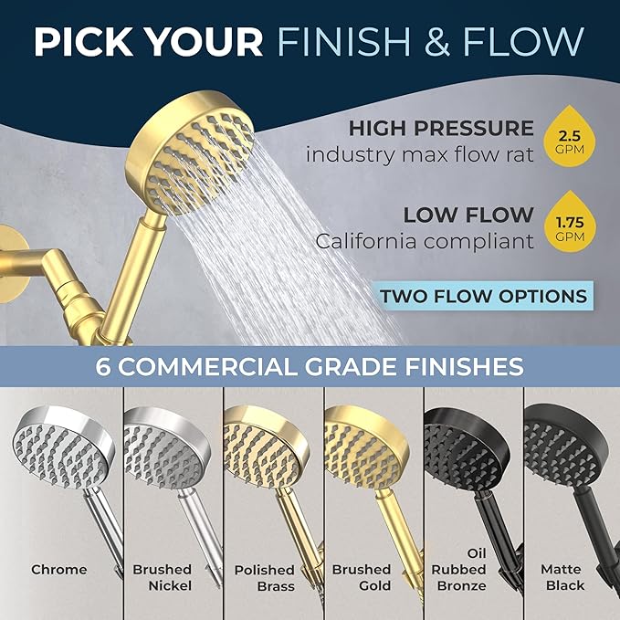 HammerHead Showers® Solid Metal LOW FLOW Handheld Shower Head with Hose and Brass Holder - BRUSHED GOLD – Water Saving 1.75 GPM Detachable Shower Head - Adjustable Shower Wand Bracket & 6ft Hose