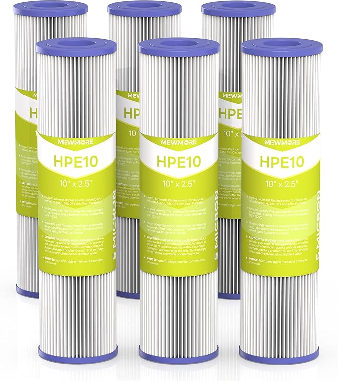 5 Micron Whole House Water Filter Cartridge, Pleated Sediment Filters for Well Water, Universal Replacement for Any 10 inch RO Unit - 10" x 2.5" Cartridges - Pack of 6