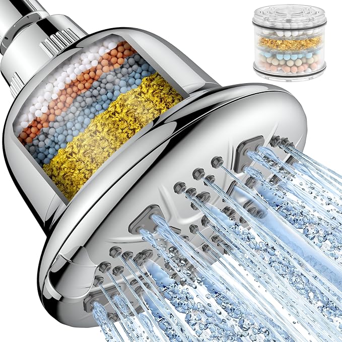 Filtered Shower Head - High Pressure Shower Head with Filter for Hard Water Softener - 7 Settings Bathroom Rain Showerhead to Remove Chlorine and Heavy Metals (Chrome)