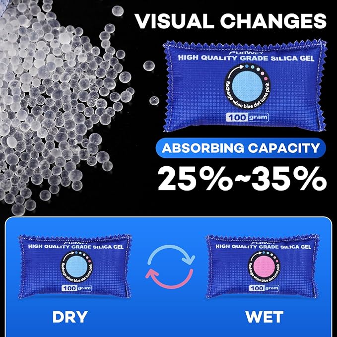 100g [ 24 Packs] Rechargeable Desiccant Packs for Storage, Color Indicating Silica Gel Desiccant Packets, Moisture absorbers for Storage,Dehumidifier bag for Closets,Cars,Storage Bins