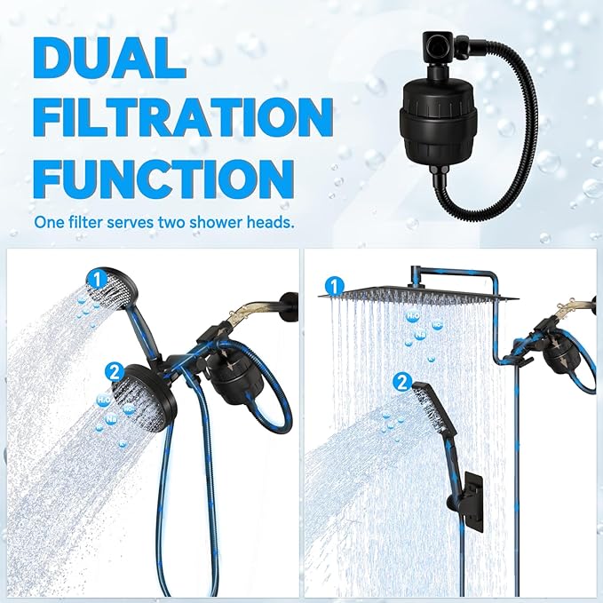 Universal 15 Stage Shower Head Filter for Hard Water, Dual ShowerHead Simultaneously Filtering, Suitable Majority Rain Rainfall Shower Head Combo, Easy Install - Matte Black