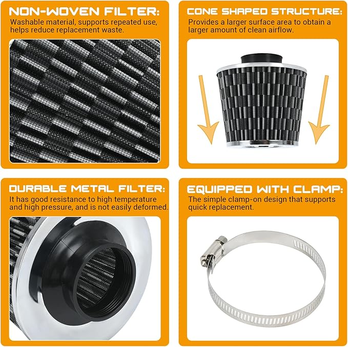 PTNHZ Universal Carbon Fiber 2.5" 63mm High Flow Cold Air Intake Cone Air Filter Power Intake Air Inlet System Air Cleaner