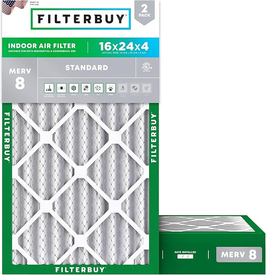 Filterbuy 16x24x4 Air Filter MERV 8 (MPR 700) Dust Defense Replacement (2-Pack), Electrostatic Pleated HVAC AC Furnace Filters, Made in USA (Actual Size: 15.38 x 23.38 x 3.63)