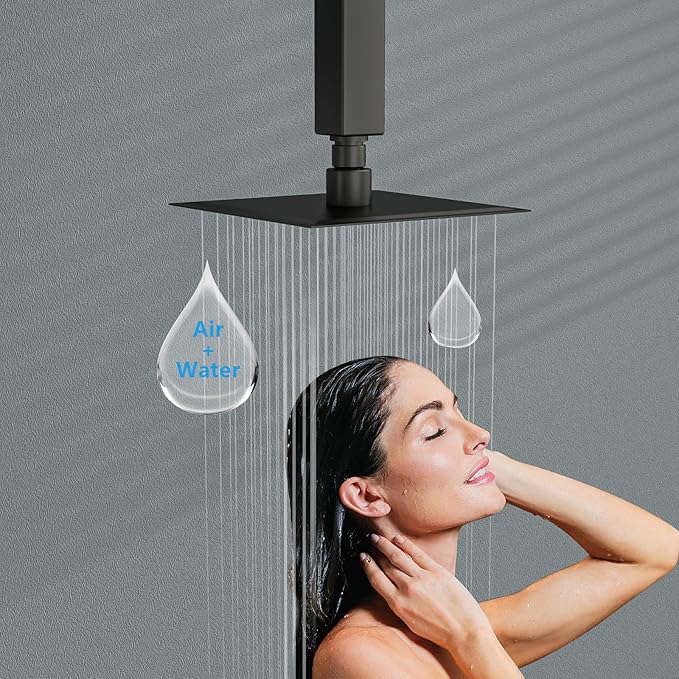 Lordear Black Shower Head 6 Inch Rainfall Black Shower Head Square Solid Ultra Thin 304 Stainless Steel Fixed Rain Shower Head with Self Cleaning Nozzles