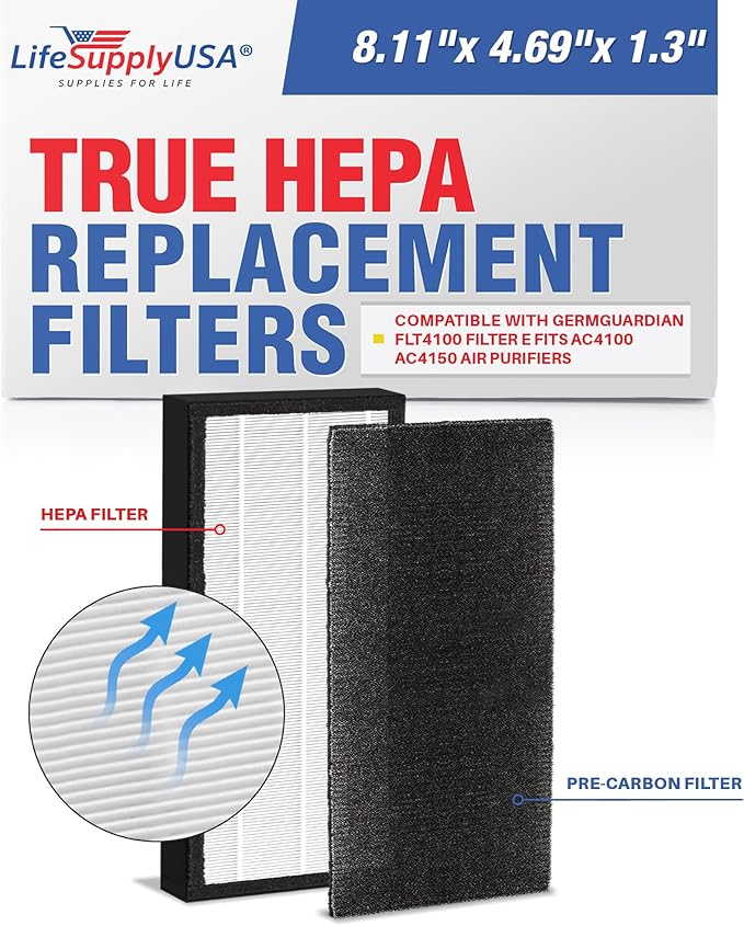 FLT4100 Filter E Replacement Compatible with GermGuardian AC4100, AC4150 Air Purifiers – HEPA + Carbon Pre-Filter Set by LifeSupplyUSA (1-Pack)