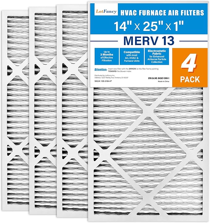 LotFancy 14x25x1 Air Filter MERV 13 Pet Smoke Smog Allergens Defense (4-Pack) Pleated HVAC Furnace Air Filters, Replacement for Home AC & Heating Systems, Actual Size: 13.75" x 24.75" x 0.75"